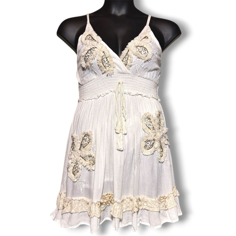 POL Boho Embroidered Mini Dress Smocked Waist Floral Tassel Tie Ivory Cream NEW - Picture 9 of 16
